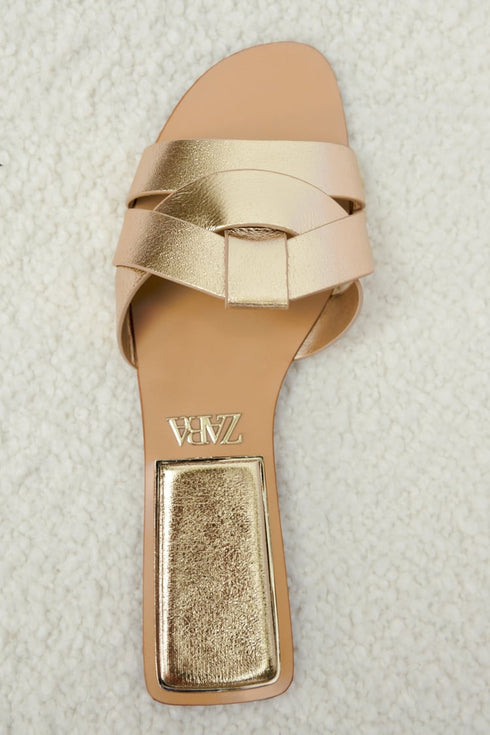 ZARA FLAT CRISS-CROSS LEATHER SLIDER SANDALS