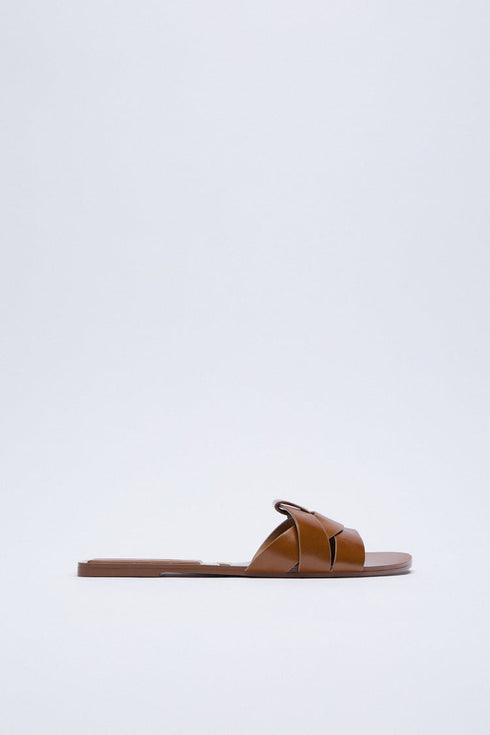 ZARA FLAT CRISS-CROSS LEATHER SLIDER SANDALS