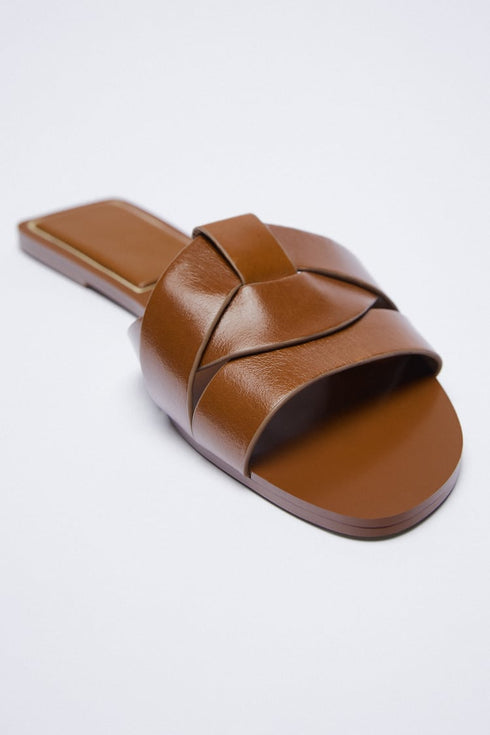 ZARA FLAT CRISS-CROSS LEATHER SLIDER SANDALS