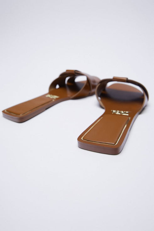 ZARA FLAT CRISS-CROSS LEATHER SLIDER SANDALS
