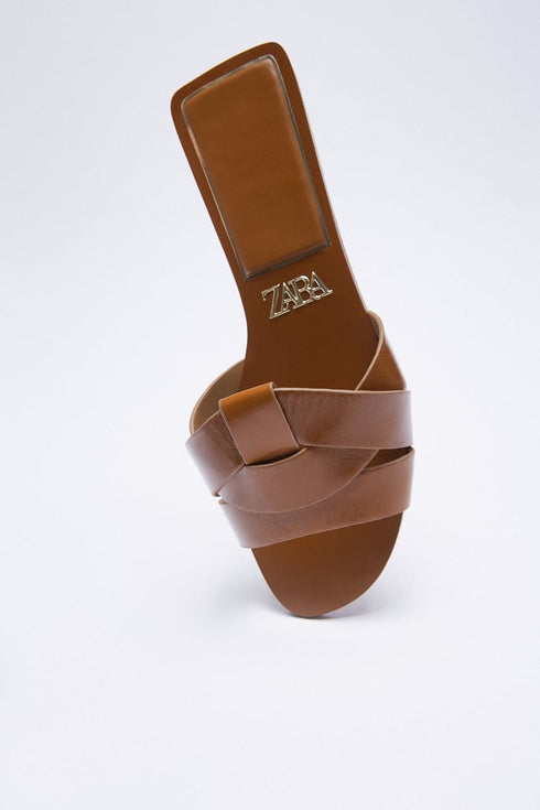 ZARA FLAT CRISS-CROSS LEATHER SLIDER SANDALS