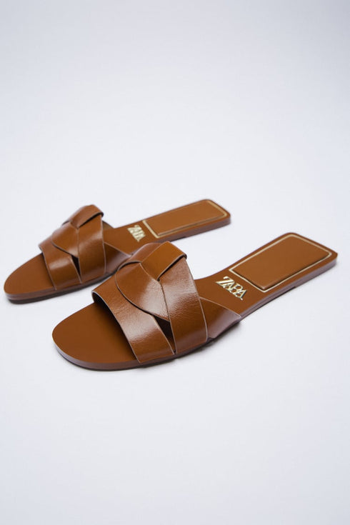ZARA FLAT CRISS-CROSS LEATHER SLIDER SANDALS