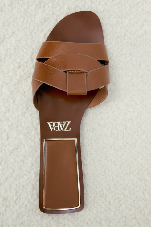 ZARA FLAT CRISS-CROSS LEATHER SLIDER SANDALS