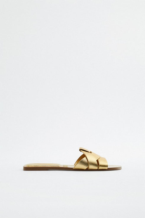 ZARA FLAT CRISS-CROSS LEATHER SLIDER SANDALS