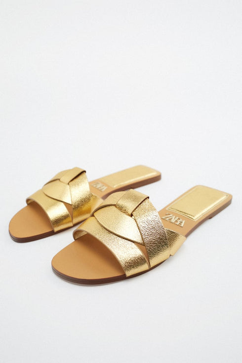 ZARA FLAT CRISS-CROSS LEATHER SLIDER SANDALS