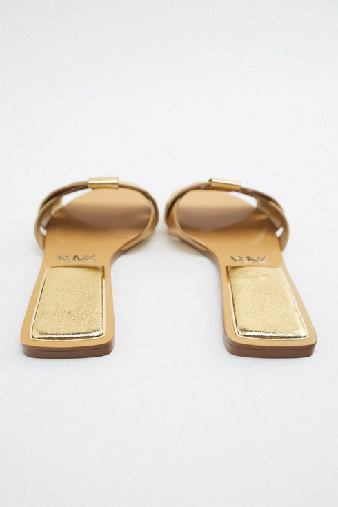 ZARA FLAT CRISS-CROSS LEATHER SLIDER SANDALS