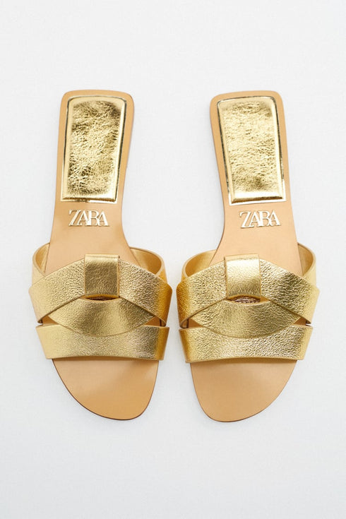 ZARA FLAT CRISS-CROSS LEATHER SLIDER SANDALS