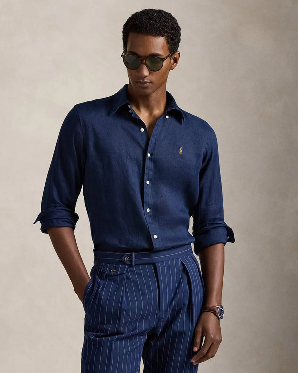 Ralph Lauren Button Down Linen Shirt Slim Fit Navy Blue