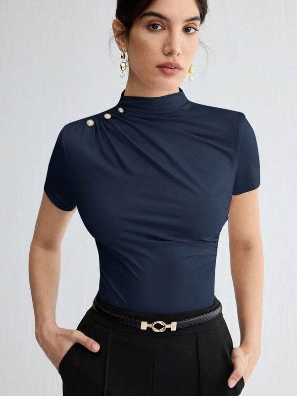 SHEIN SOLID COLOR PLEATED ELEGANT SHORT SLEEVE TOP