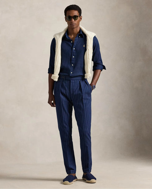 Ralph Lauren Button Down Linen Shirt Slim Fit Navy Blue