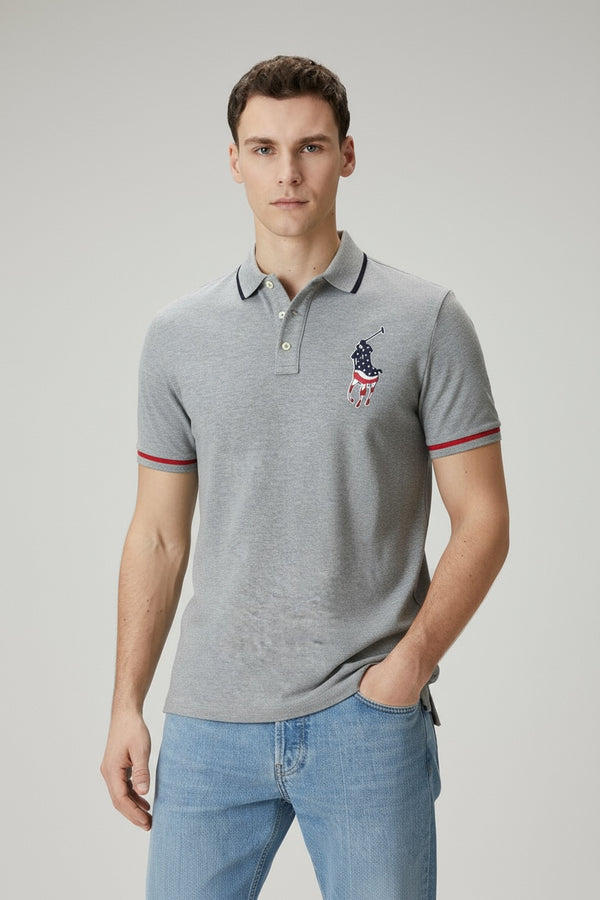 RALPH LAUREN USA FLAG LOGO GREY POLO CLASSIC FIT