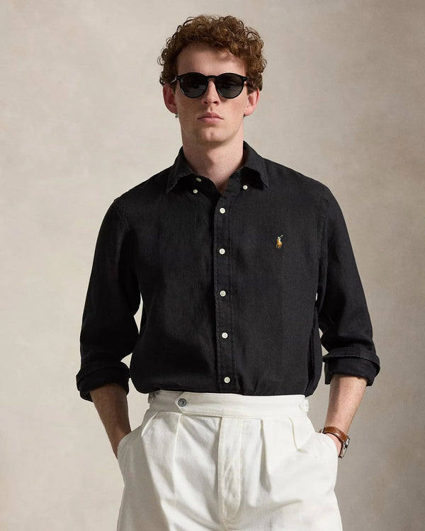 Ralph Lauren Button Down Linen Shirt Slim Fit Black