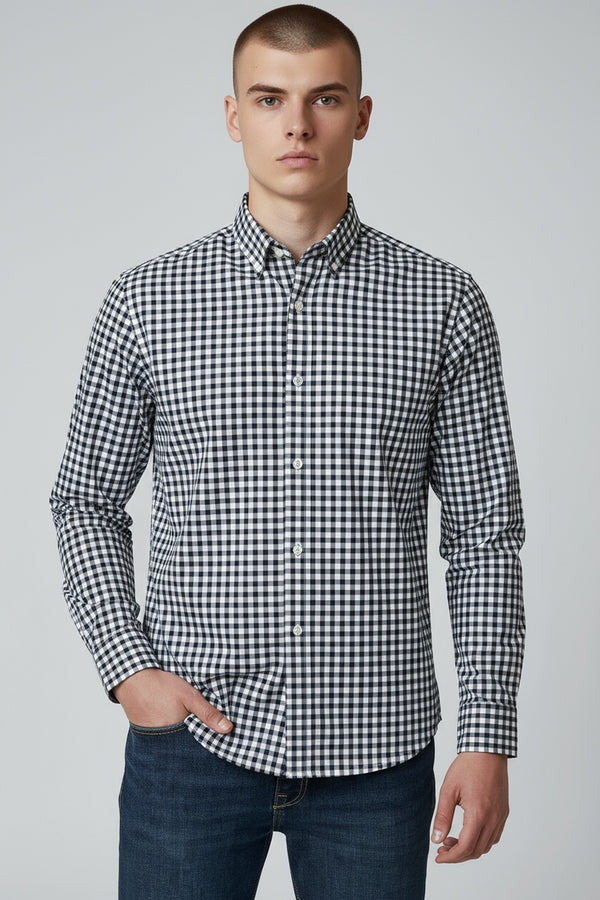 ZARA Button Down Check Shirt Navy Blue Slim Fit