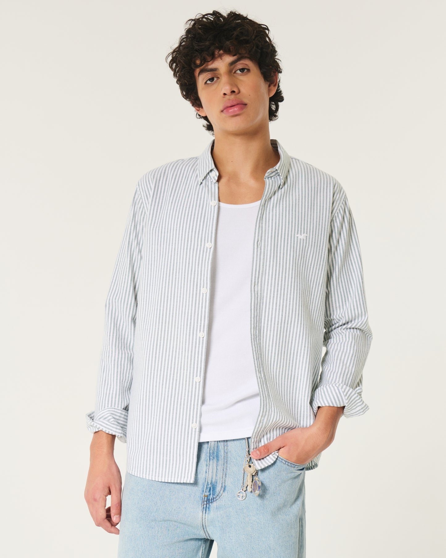 Hollister LONG-SLEEVE OXFORD SHIRT Teal Gray Stripe
