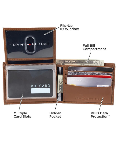 Tommy Hilfiger Men's Leather Wallet - Thin Sleek Casual Bifold With 6 Credit Card Pockets And Removable ID Window, British Tan