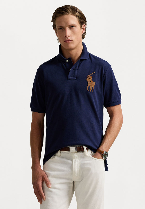 Ralph Lauren Leather Big Pony Mesh Polo Shirt (Custom SlimFit) Navy Blue