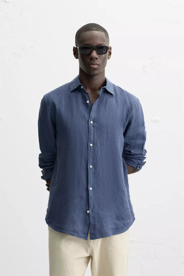 Zara Linen Shirt Navy blue Slim Fit