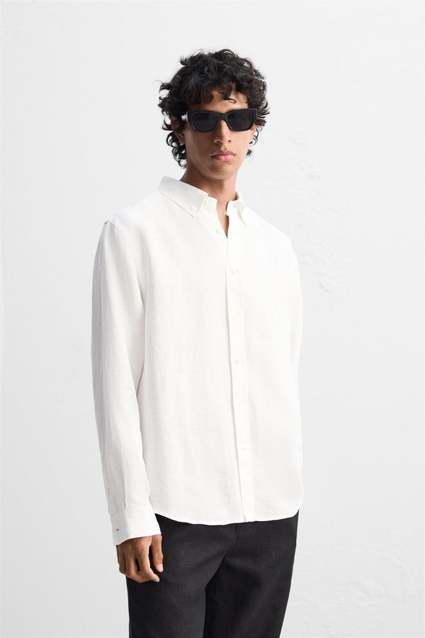 Zara Linen Button Down White Shirt Slim Fit