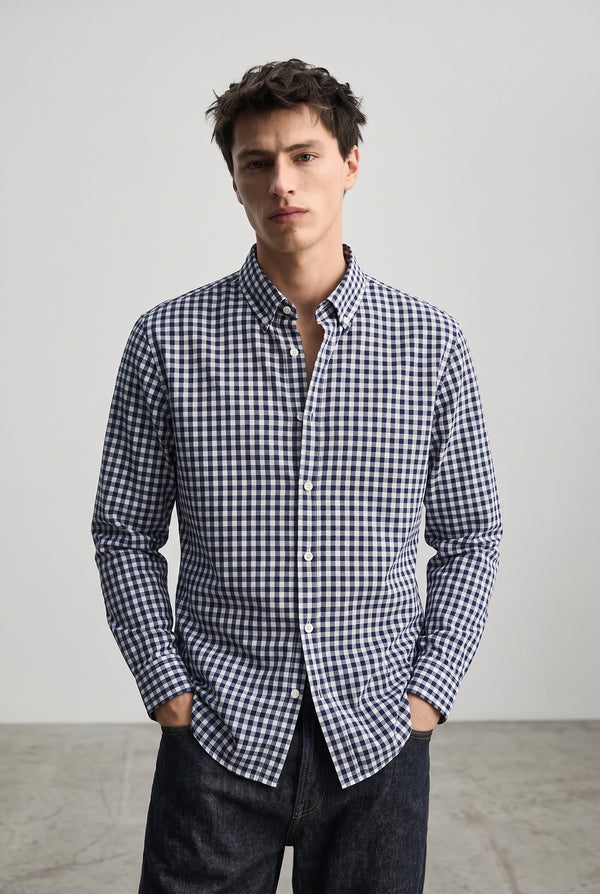 ZARA Button Down Check Shirt Navy Blue Slim Fit