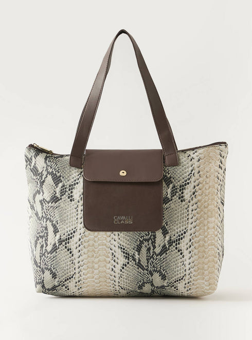 Cavalli Class Animal Print Large Tote Bag with Double Handle and Zip Closure