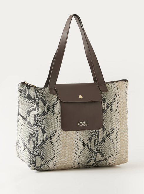 Cavalli Class Animal Print Large Tote Bag with Double Handle and Zip Closure