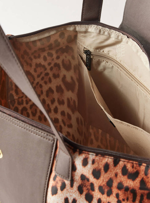 Cavalli Class Animal Print Large Tote Bag with Double Handle and Zip Closure