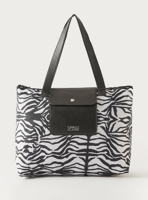 Cavalli Class Animal Print Large Tote Bag with Double Handle and Zip Closure