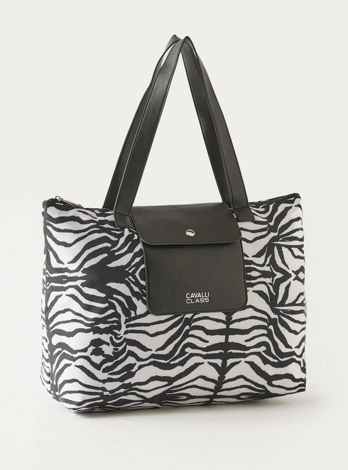 Cavalli Class Animal Print Large Tote Bag with Double Handle and Zip Closure