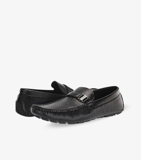 GUESS MEN'S AMADEO DRIVING STYLE LOAFERS | BLACK SQUARE TOE BIT ORNAMENT CUSHIONED SLIP-ON