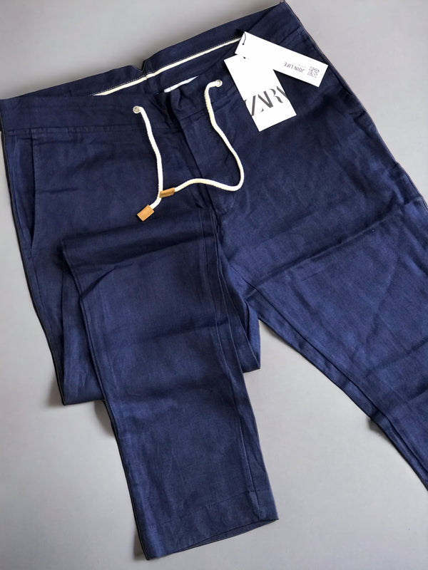 ZARA LINEN NAVY BLUE COTTON CHINOS