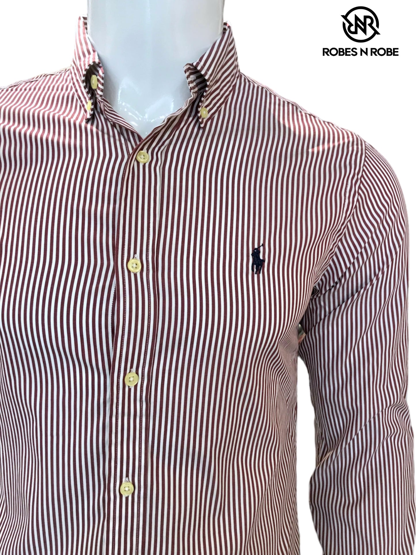 RALPH LAUREN BUTTON DOWN SLIM-FIT MAROON STRIPE SHIRT