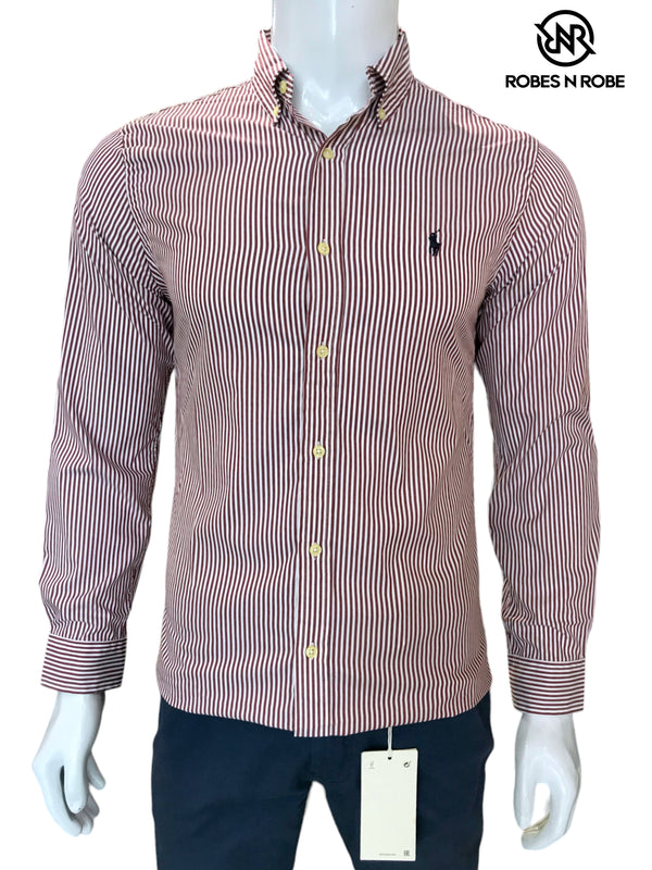 RALPH LAUREN BUTTON DOWN SLIM-FIT MAROON STRIPE SHIRT
