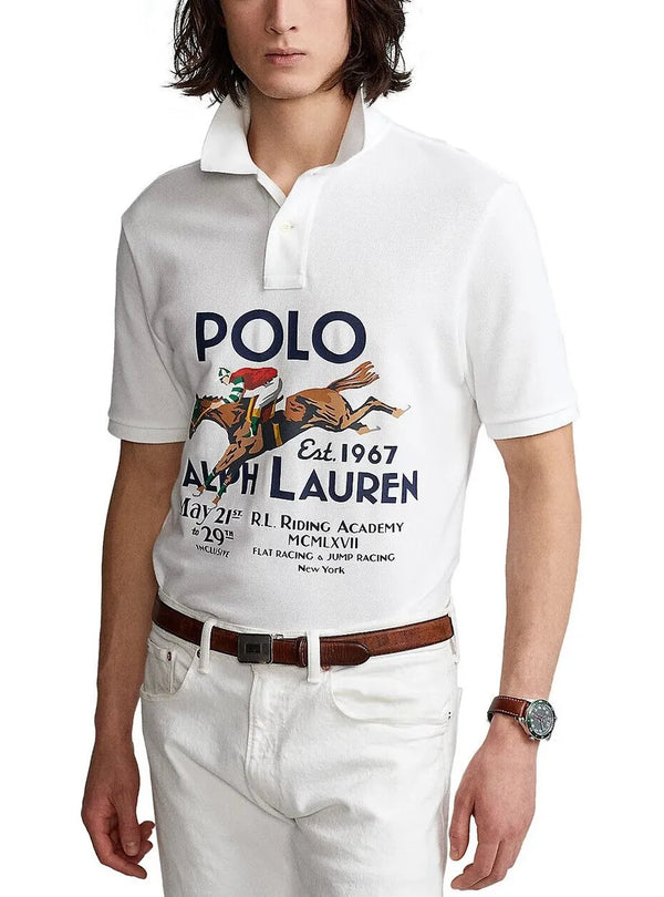 Ralph Lauren VTG Classic Horse Riding Graphic Mesh Polo Shirt White