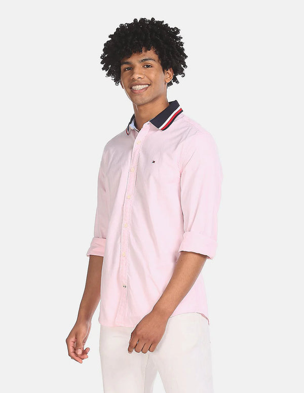 TOMMY HILFIGER TIPPED COLLAR SOLID PINK SHIRT