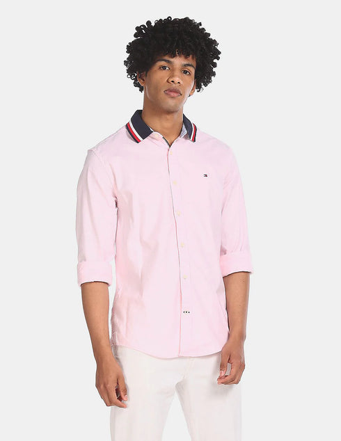 TOMMY HILFIGER TIPPED COLLAR SOLID PINK SHIRT