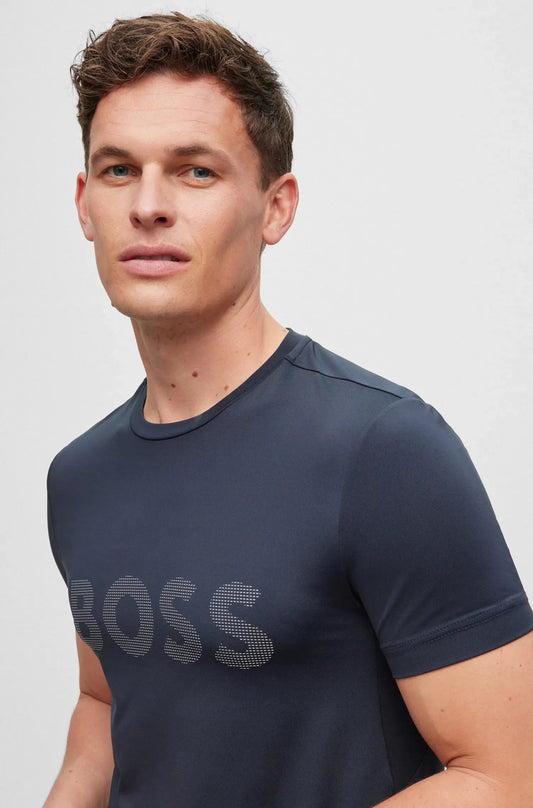 BOSS PERFORMANCE STRETCH T-SHIRT WITH DECORATIVE REFLECTIVE LOGO NAVY