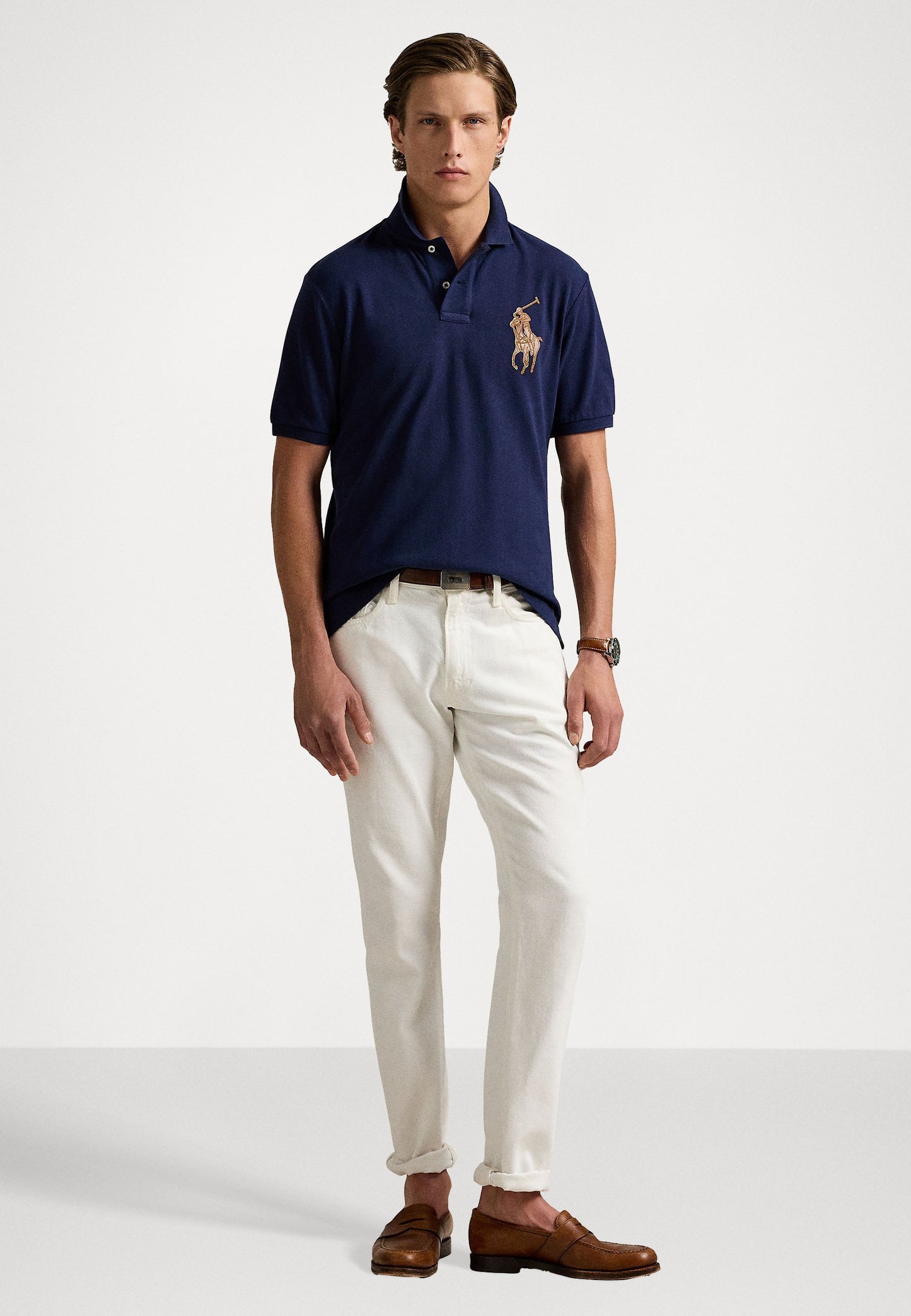 Ralph Lauren Leather Big Pony Mesh Polo Shirt (Custom SlimFit) Navy Blue