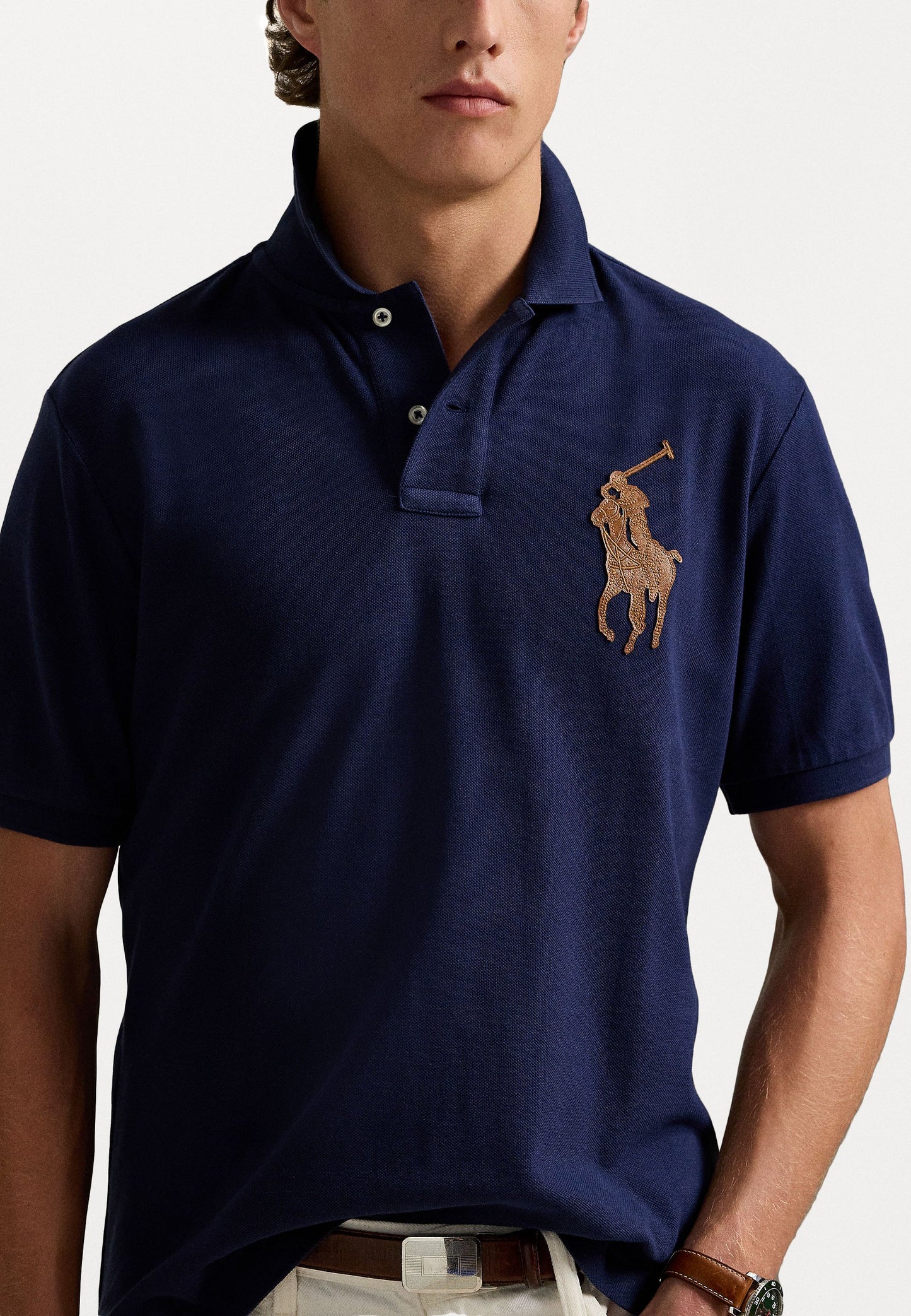 Ralph Lauren Leather Big Pony Mesh Polo Shirt (Custom SlimFit) Navy Blue