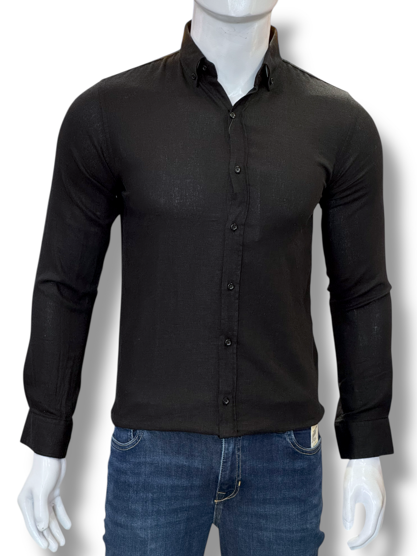 Zara Linen Button Down Black Shirt Slim Fit