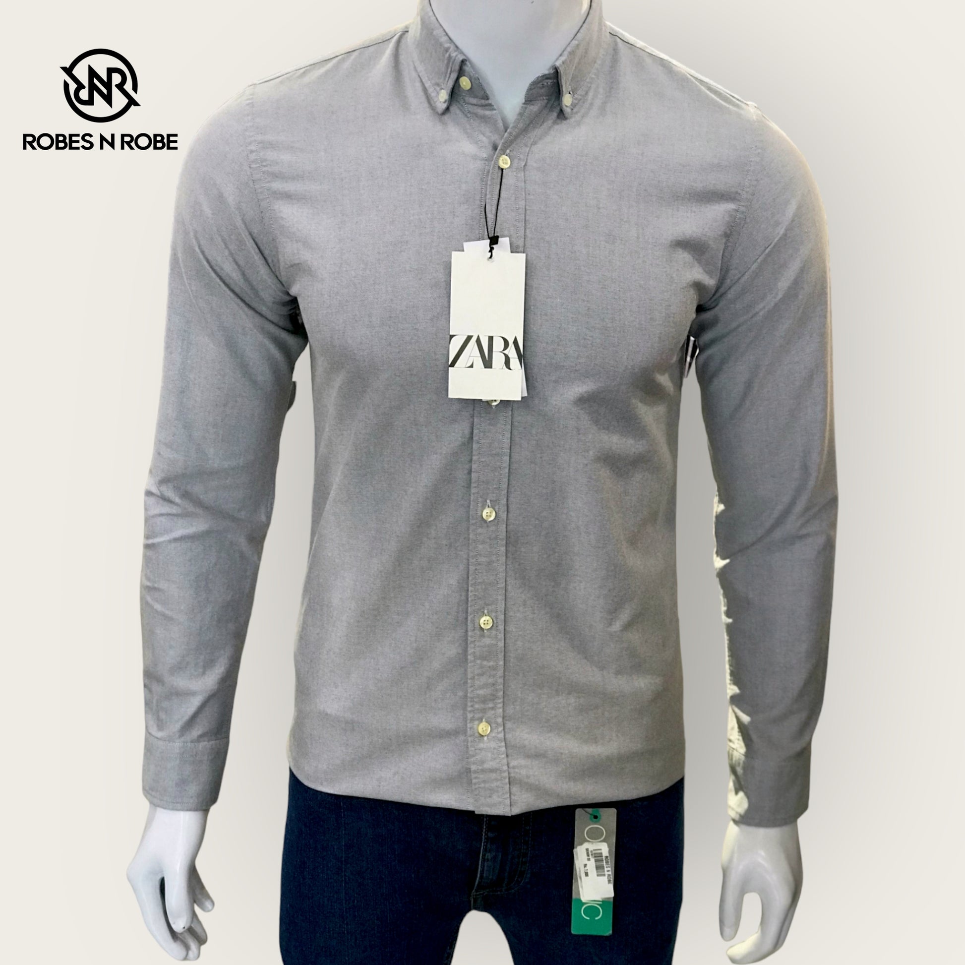 ZARA BUTTON DOWN OXFORD COTTON GREY SHIRT - Main Image