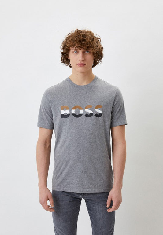 BOSS Crew-Neck Grey T-shirt with Graphic Logo Print