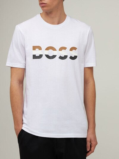 BOSS Crew-Neck White T-shirt with Graphic Logo Print