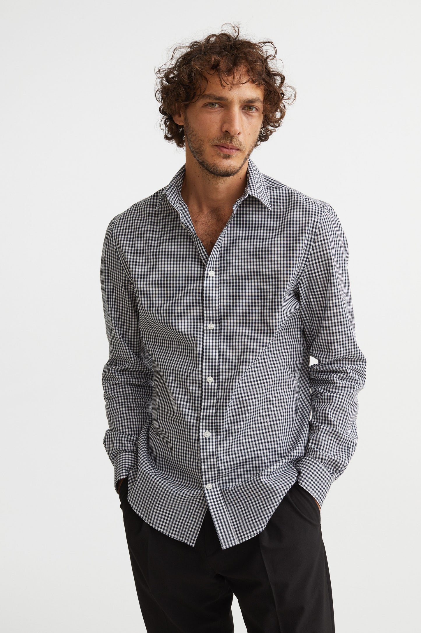 H&M GINGHAM CHECK SLIM-FIT EASY IRON SHIRT