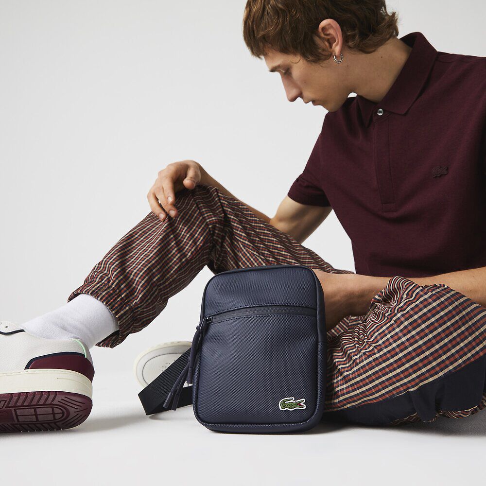 LACOSTE Men's Coated Canvas Small Flat Crossbody Bag Navy