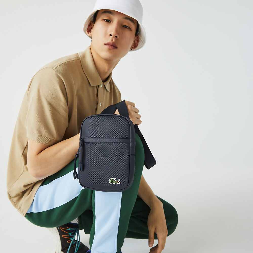 LACOSTE Men's Coated Canvas Small Flat Crossbody Bag Navy