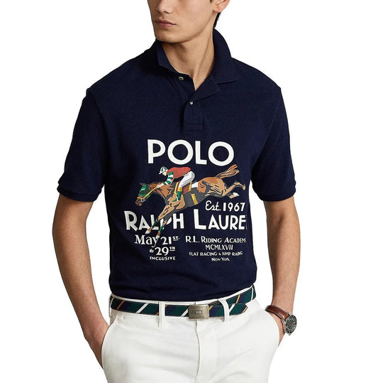 Ralph Lauren VTG Horse Riding Graphic Mesh Polo Shirt Navy