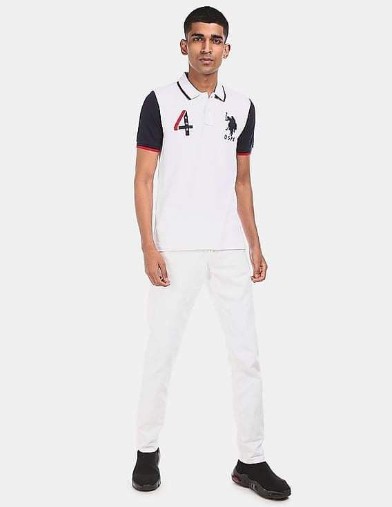 U.S. POLO ASSN MEN'S WHITE COLOUR BLOCK COTTON  POLO SHIRT